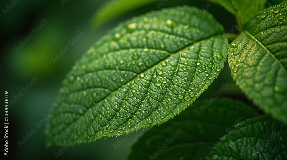 Captivating close-up of a vibrant green leaf adorned with sparkling water droplets, showcasing the intricate details of nature's beauty and freshness.