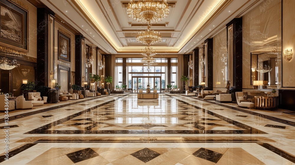 Fototapeta premium Luxurious hotel lobby with a grand chandelier, marble flooring, and elegant seating area.