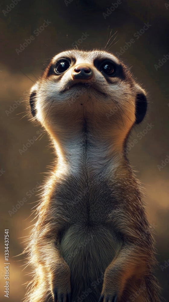Fototapeta premium Captivating close-up portrait of a vigilant meerkat standing tall, attentively watching and observing the surroundings in the golden light of the sun