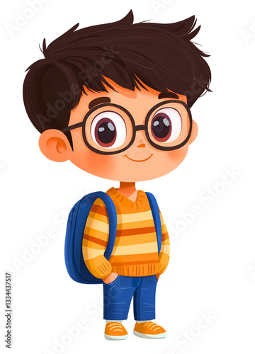 3D Rendering of Cartoon School Boy with Backpack. Ready for Going to School
