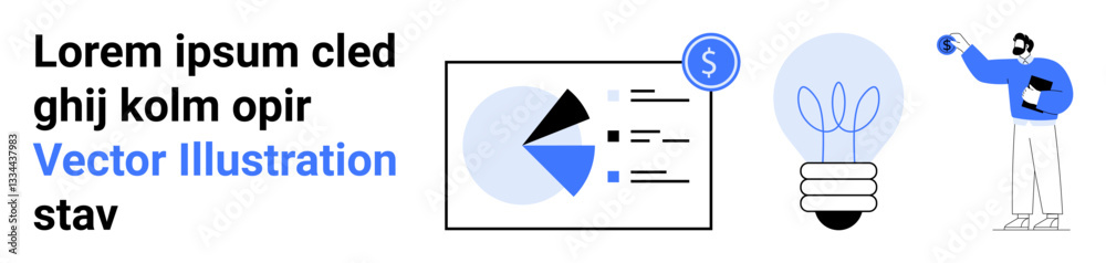 Pie chart with data breakdown, light bulb symbolizing creativity, and a person presenting ideas. Ideal for business analysis, innovation, entrepreneurship, finance, teamwork, strategy simple landing Pie chart with data breakdown, light bulb symbolizing creativity, and a person presenting ideas. Ideal for business analysis, innovation, entrepreneurship, finance, teamwork, strategy simple landing