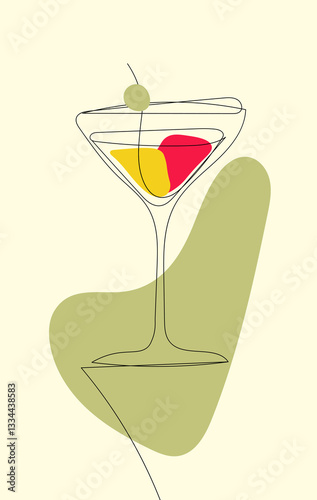 A cocktail with a variation of a dry martini in a special glass. A transparent gin-based drink decorated with olives. Stylish vector illustration is suitable for postcards, menu design, posters.