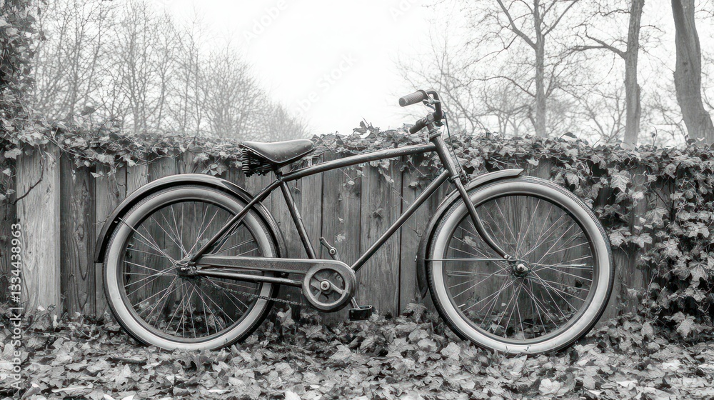 Obraz premium Classic black bicycle leans against rustic fence