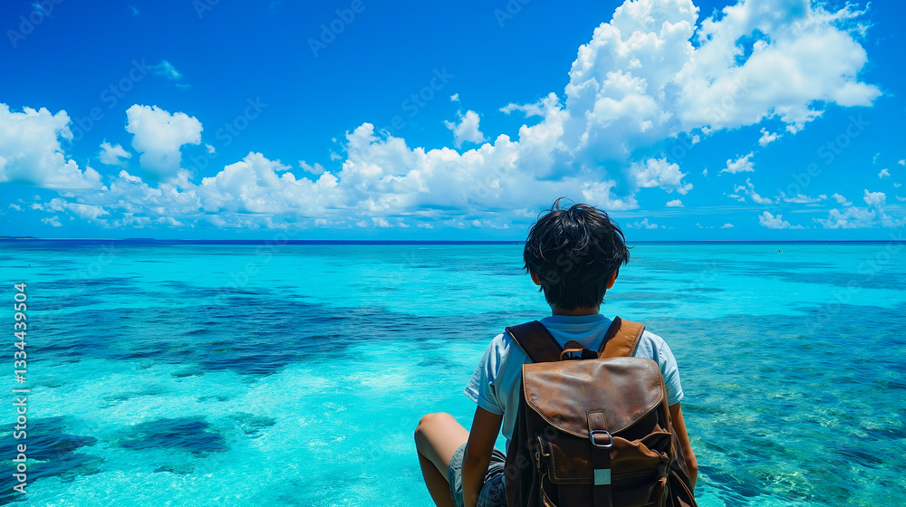 Fototapeta premium A man sitting on the edge of a boat looking out at the ocean