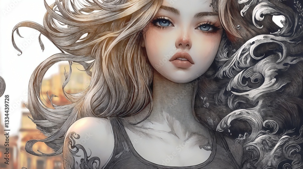 Fototapeta premium Artistic portrayal of a woman with flowing hair and intricate tattoos against a fantasy background