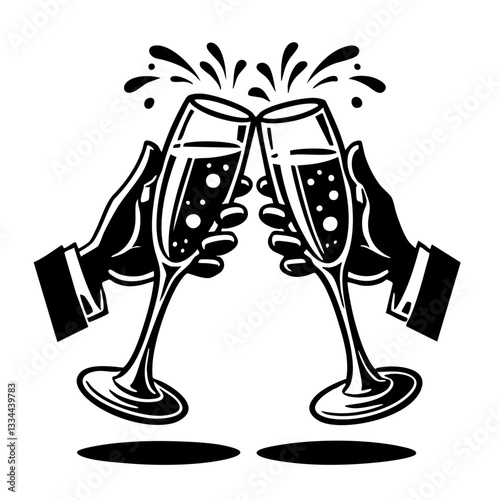 Black cartoon illustration of champagne. Hand holding glasses. Cheers gestures.
