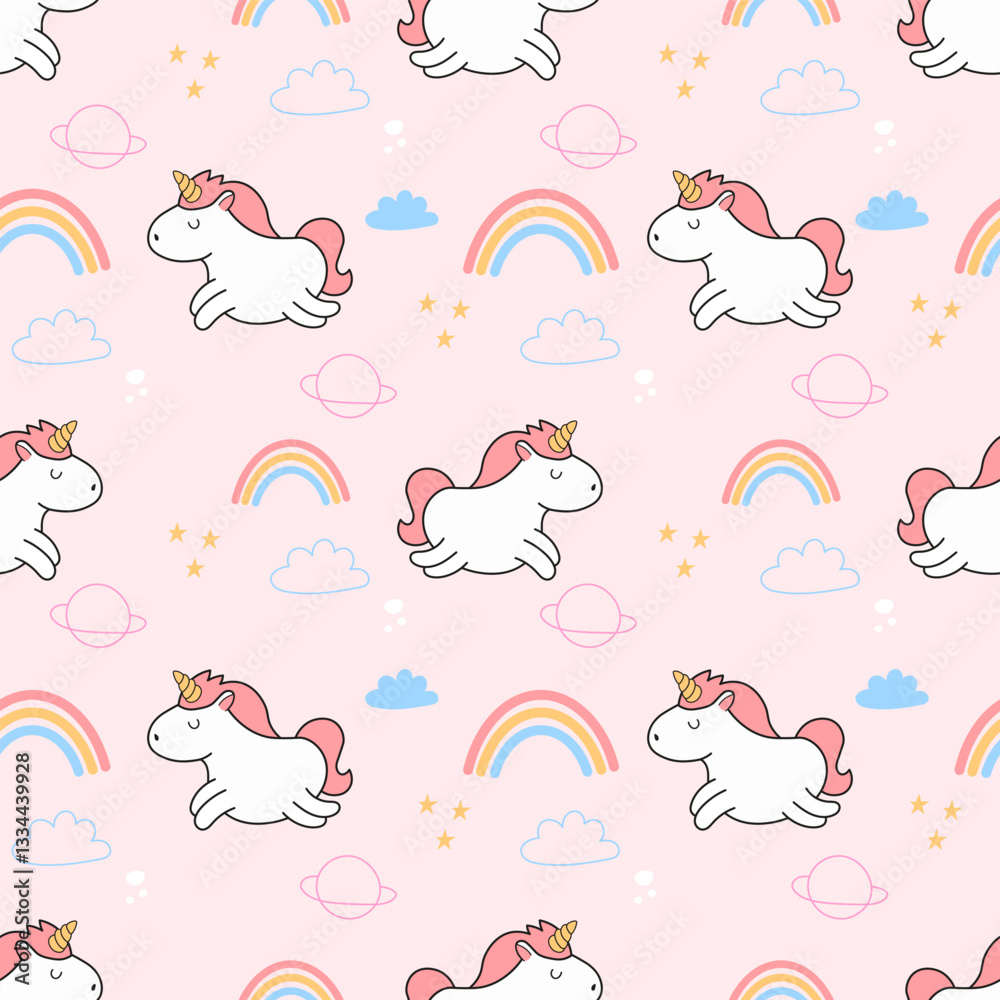 Fototapeta premium Vector pattern with cute unicorns. greeting card, Vector seamless pattern with cute unicorns. Wrapping paper or fabric.