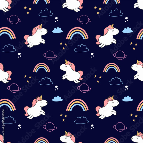 Vector pattern with cute unicorns. greeting card, Vector seamless pattern with cute unicorns. Wrapping paper or fabric.