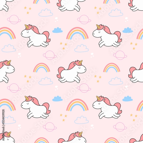 Vector pattern with cute unicorns. greeting card, Vector seamless pattern with cute unicorns. Wrapping paper or fabric.