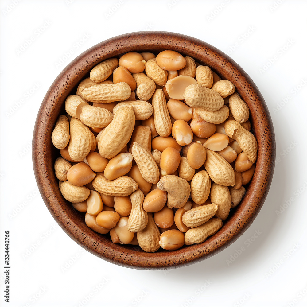 peanuts in a wooden bowl top view, Isolated on white Background. peanuts in a wooden bowl top view, Isolated on white Background.