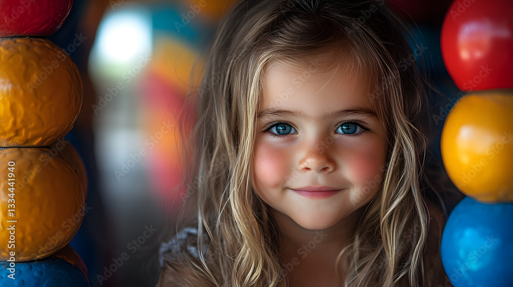 Fototapeta premium Smiling Young Girl With Bright Eyes Amid Vibrant Playful Surroundings