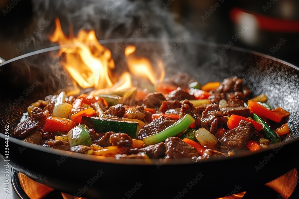 Fototapeta premium Beef and vegetable stir fry cooking in a wok with flames
