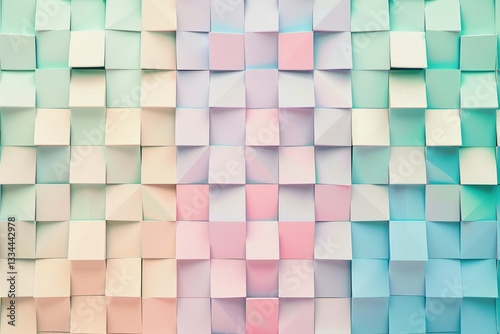 Colorful pastel background with a geometric pattern of cubes in a soft gradient of pink, blue, and green