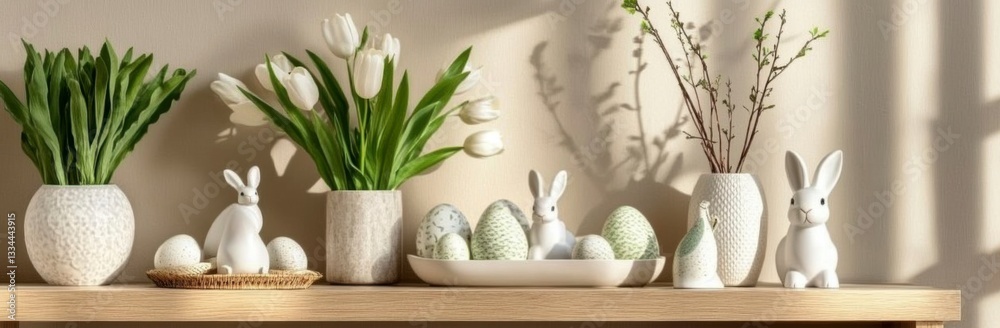Obraz premium an Easter composition with tulips, bunny figurines, and vases on the table in front of a beige wall