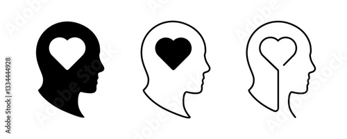 Three simple head silhouettes with heart symbols inside show the link between emotion and thought.