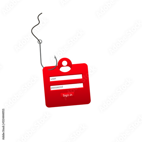 a hook pierces a red sign-in icon, symbolizing the risk of password theft and cybersecurity threats.