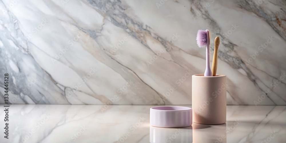 Eco-Friendly Toothbrush Holder Cleaner on Marble – Minimalist Pink Lavender Reflection