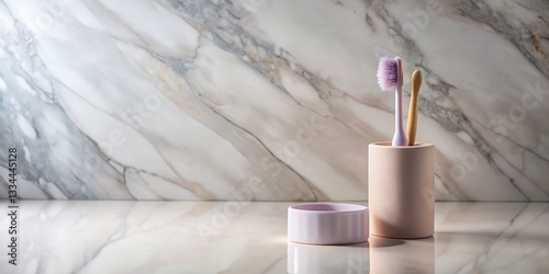 Obraz na płótnie Eco-Friendly Toothbrush Holder Cleaner on Marble – Minimalist Pink Lavender Reflection w salonie