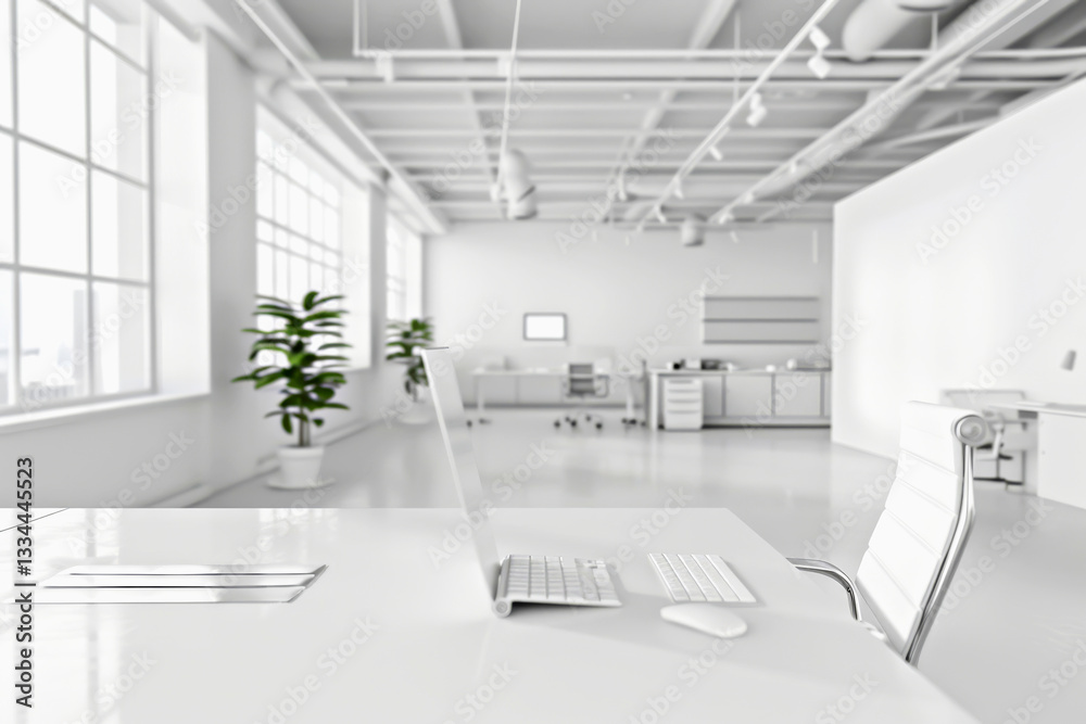 Fototapeta premium Modern white office environment with clean and minimalist design. Features spacious interior with organized workstations, enhancing focus and productivity, making it ideal for professional tasks