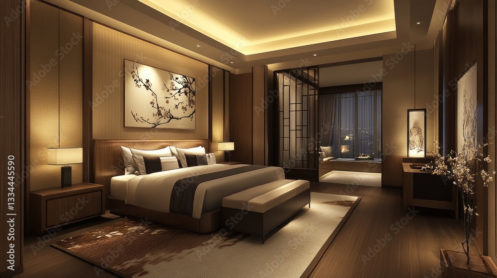 Fototapeta premium Luxury hotel room with a stylish headboard, warm lighting, and decorative wall art.
