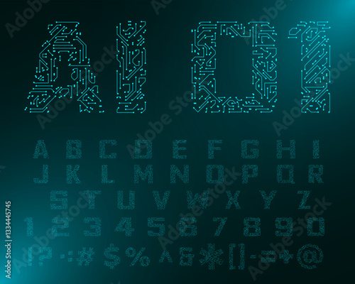 Circuit font 0Vector printed circuit board style font. Blue latin letters from A to Z and numbers from 0 to 9 made of electric current wires and connectors. Futuristic design concept. Techno 1.03.2025