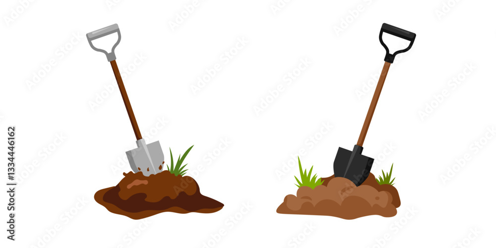 Obraz premium Two shovels are in soil with grass, highlighting tools used for gardening and outdoor tasks.