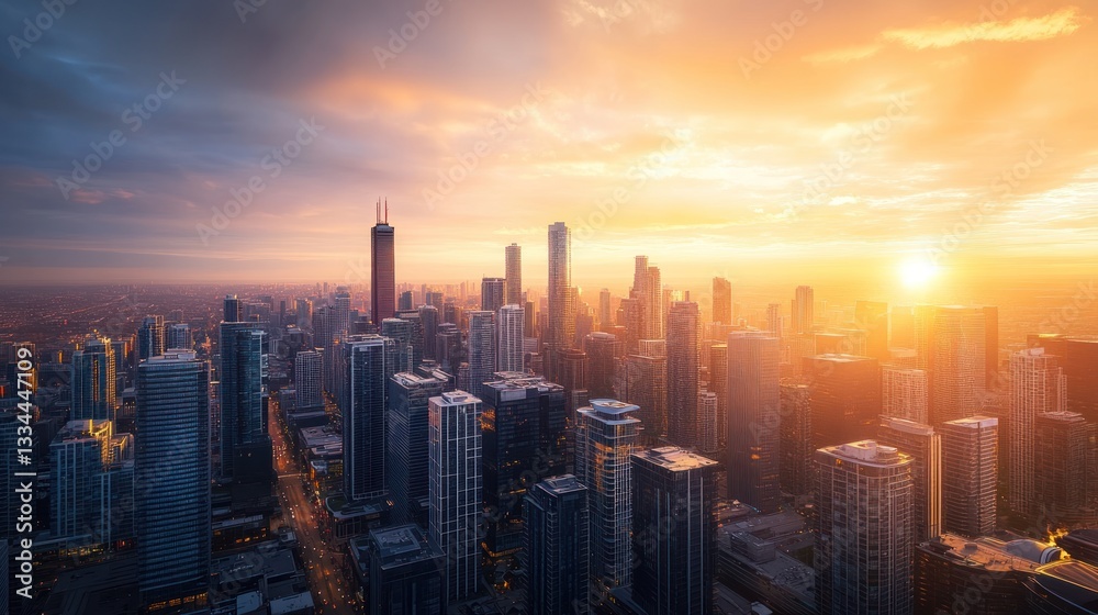 Fototapeta premium Chicago Skyline Sunset Aerial View