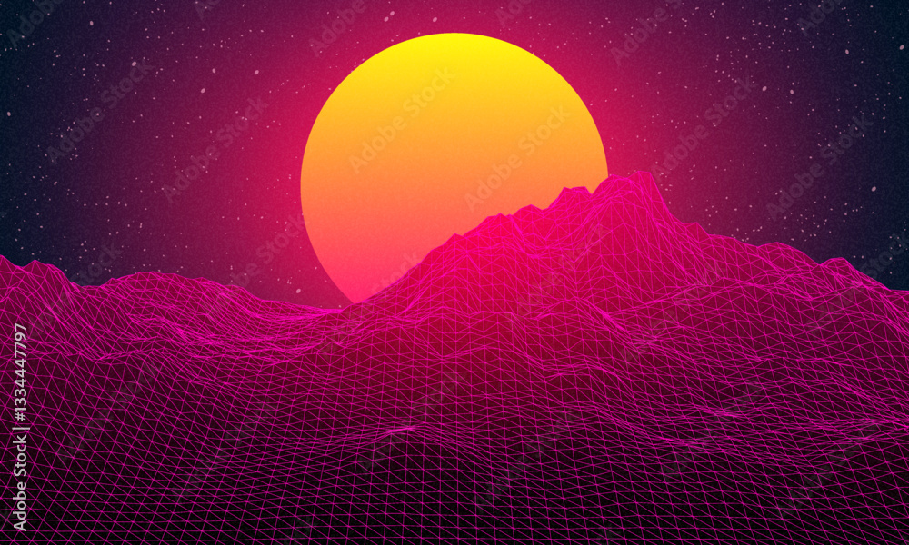 Obraz premium Abstract human in digital or alien space. Low poly graphics 80s 90s games style. Concept: self searching mental psychologic. Retro digital grid surface in search of the unknown. Wireframe net style