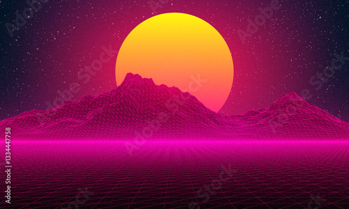 Retro background futuristic landscape 1980s style. Digital retro landscape cyber surface. Retro music album cover template: sun, space, mountains . 80s Retro Sci-Fi Background Summer Landscape.