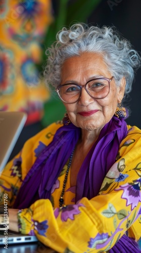 Cheerful elderly woman with silver hair and eyeglasses joyfully smiles at the camera while working on her laptop computer indoors