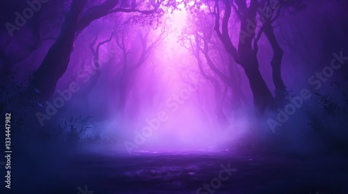 Mystical purple light illuminating an enchanted forest, vibrant colors create an otherworldly atmosphere inviting exploration.
