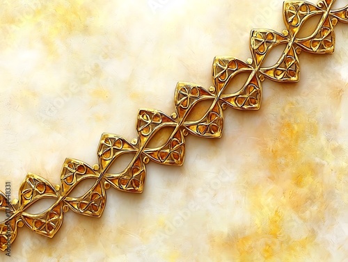 A golden ornate decorative chain rests against a textured background