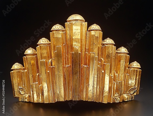 A golden art piece resembling an abstract architectural skyline design