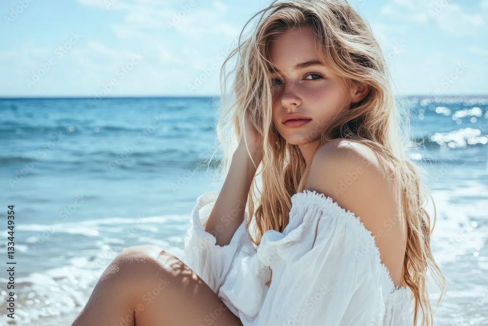 A beautiful woman in white is sitting on the beach, relaxing and enjoying her vacation by the sea A beautiful woman in white is sitting on the beach, relaxing and enjoying her vacation by the sea