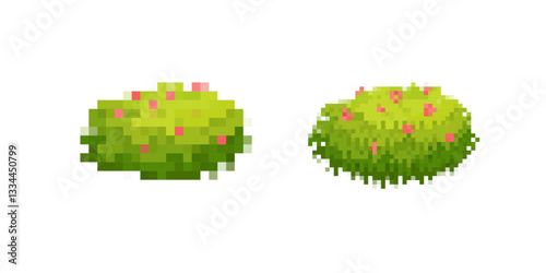 Two pixelated bushes with green grass and pink flowers, creating a simple digital art piece.