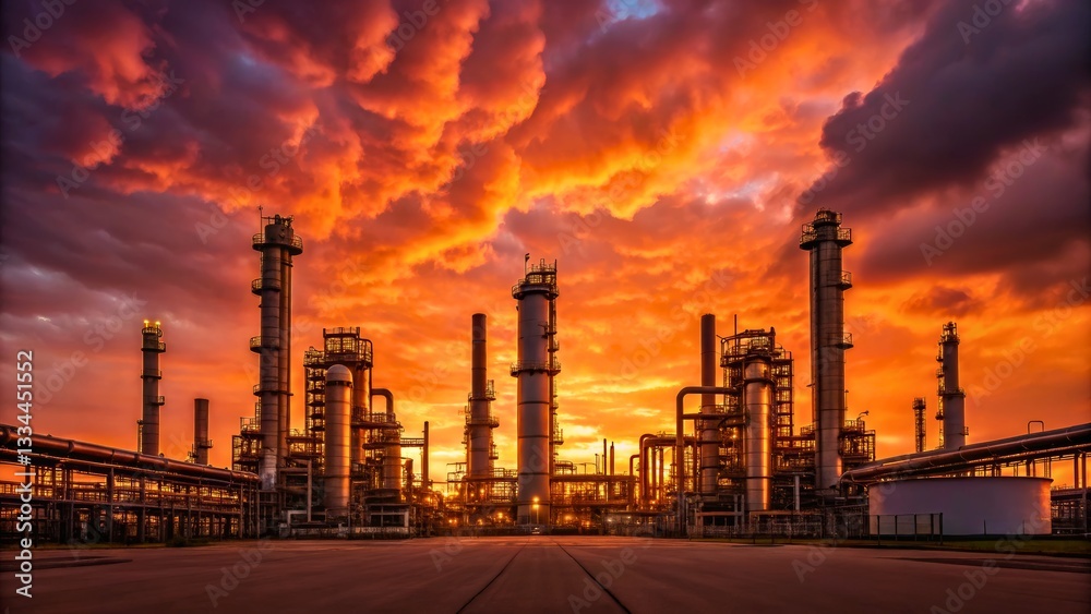 Majestic Sunset Over Industrial Complex with Smokestacks and Pipelines in Dramatic Sky Majestic Sunset Over Industrial Complex with Smokestacks and Pipelines in Dramatic Sky