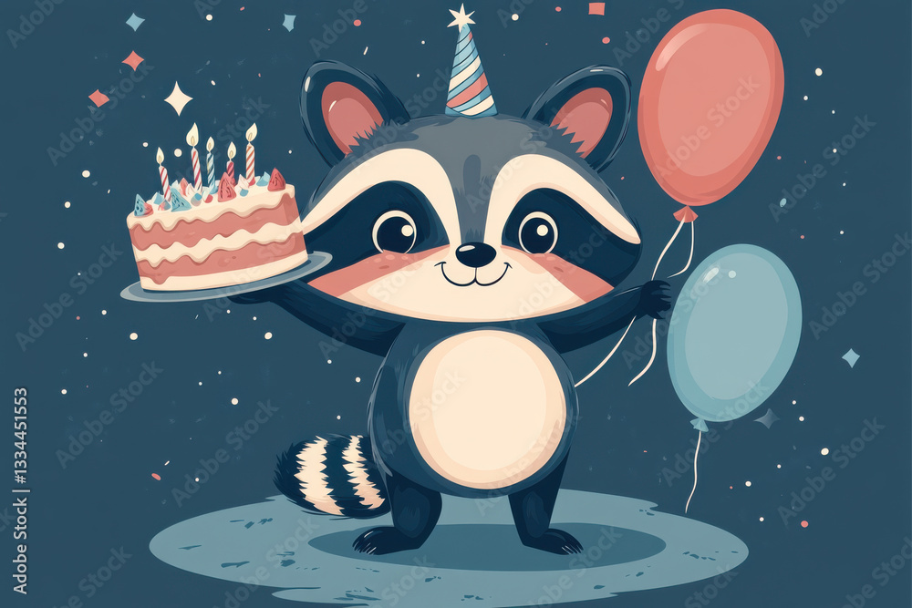 Fototapeta premium Adorable Raccoon Birthday Greetings!