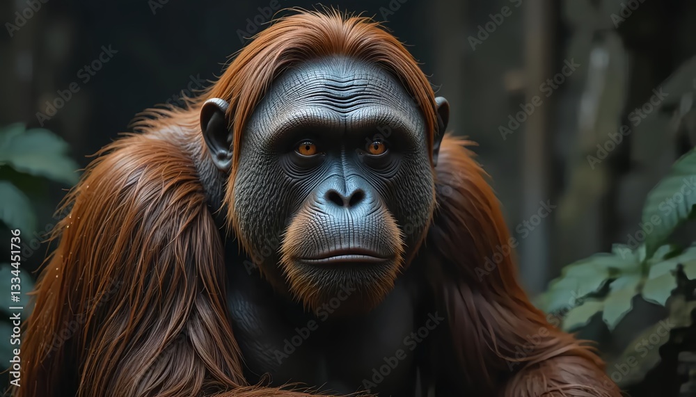 Obraz premium Intense Gaze of an Orangutan in Dark Foliage