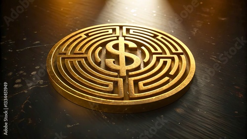 Golden Labyrinth Coin with Dollar Sign Symbolizing Wealth and Financial Strategies
