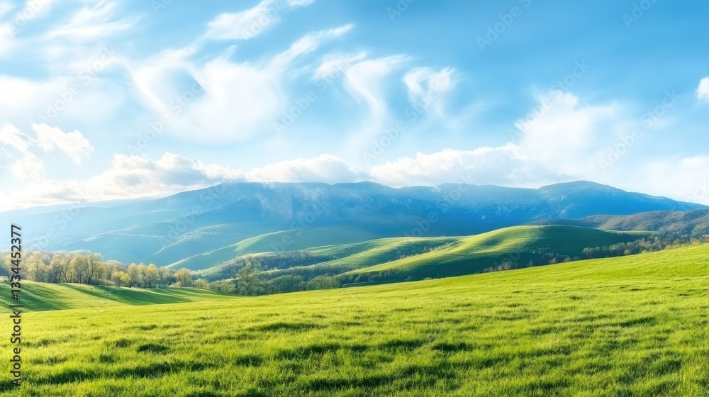 Fototapeta premium panorama of beautiful countryside of romania. sunny afternoon. wonderful springtime landscape in mountains. grassy field and rolling hills. rural scenery