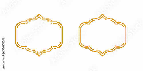 Pixel art frames feature an intricate geometric design in gold tones, highlighting ornamental detailing.
