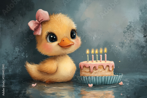 Cheerful Duckling Holding Balloons Birthday Card