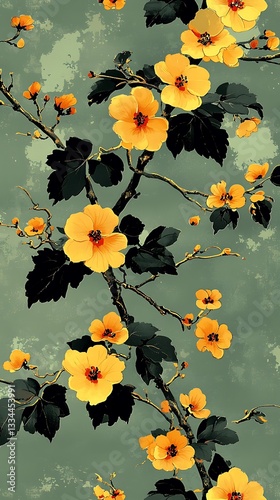 A painted floral image with yellow blossoms on dark branches
