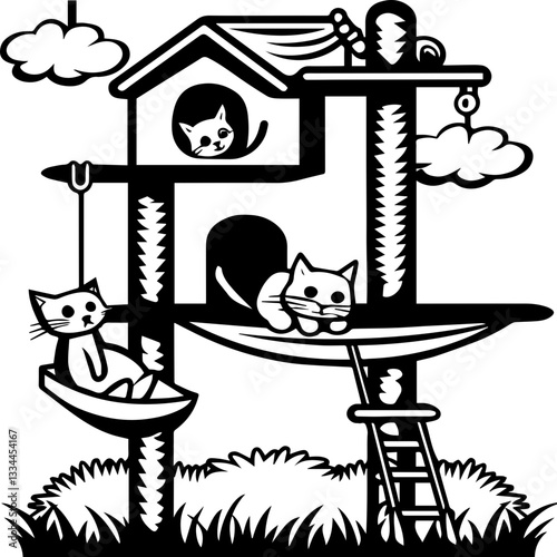 Cat treehouse, SVG vector with clean lines. Cat House with Cats Playing and Relaxing in Silhouette