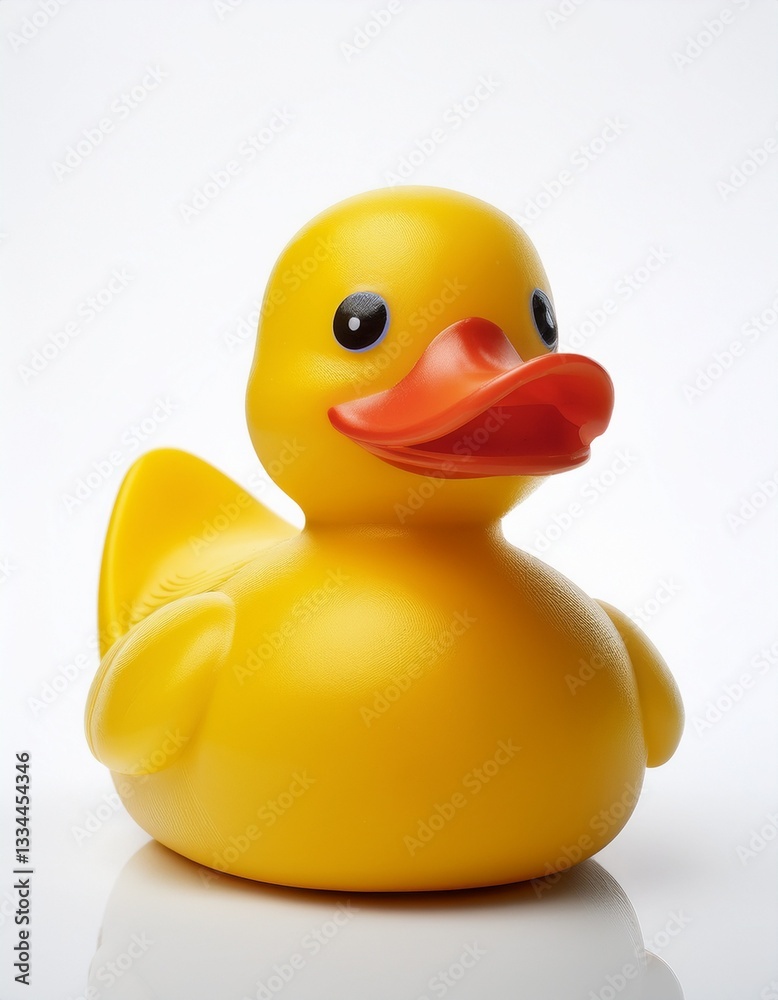 y Single bright yellow rubber duck with a simple design on a white background. y Single bright yellow rubber duck with a simple design on a white background.