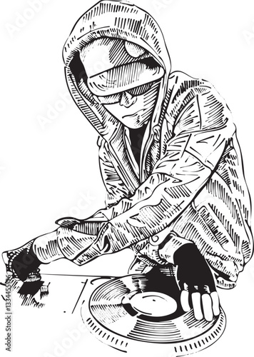 Isolated, pen and ink drawing, disc jockey illustration