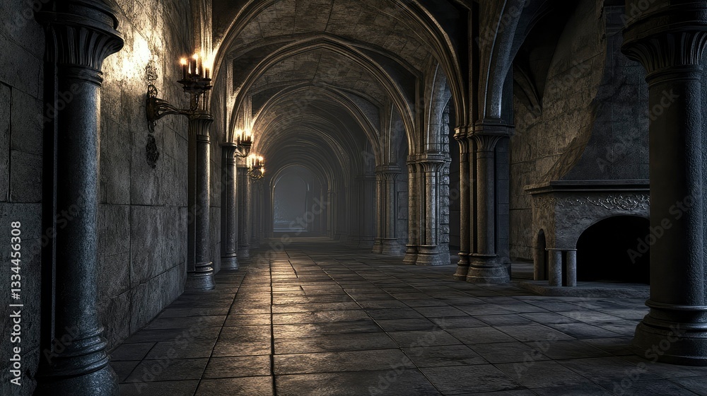 Mysterious Gothic Hallway with Stone Pillars and Fireplace - 3D Render Mysterious Gothic Hallway with Stone Pillars and Fireplace - 3D Render