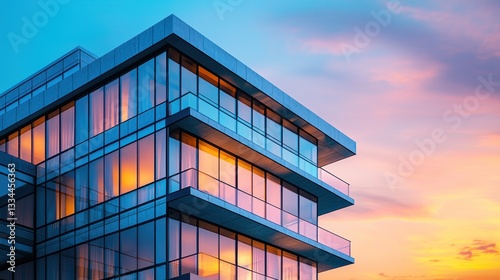 Modern apartment building at sunset, illuminated windows, urban skyline photo