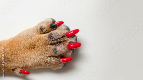 Close up of a pampered dog paw featuring bright red nail polish on the claws against a clean white background