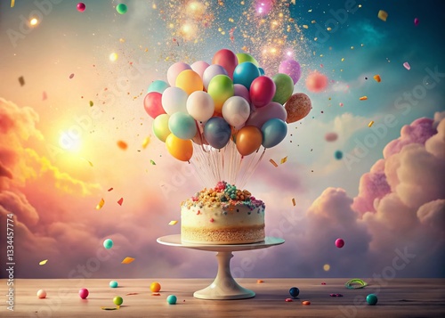 Festive Birthday Cake with Colorful Balloons and Confetti